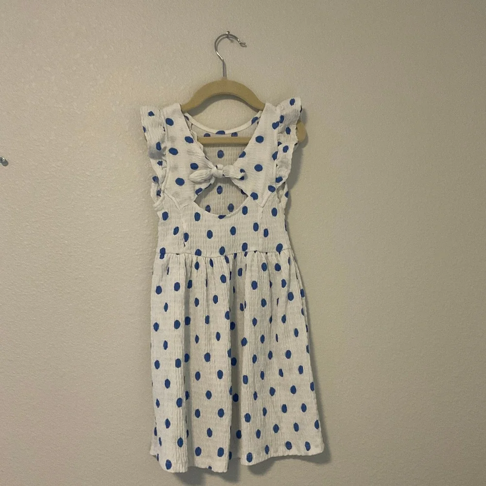 Unbranded Polka Dot Dress Kids Size 6 White Blue Excellent Ruffle Smocked A-Line